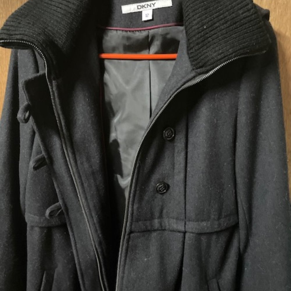 DKNY hooded wool jacket, empire waist, and thick ribbed high neck